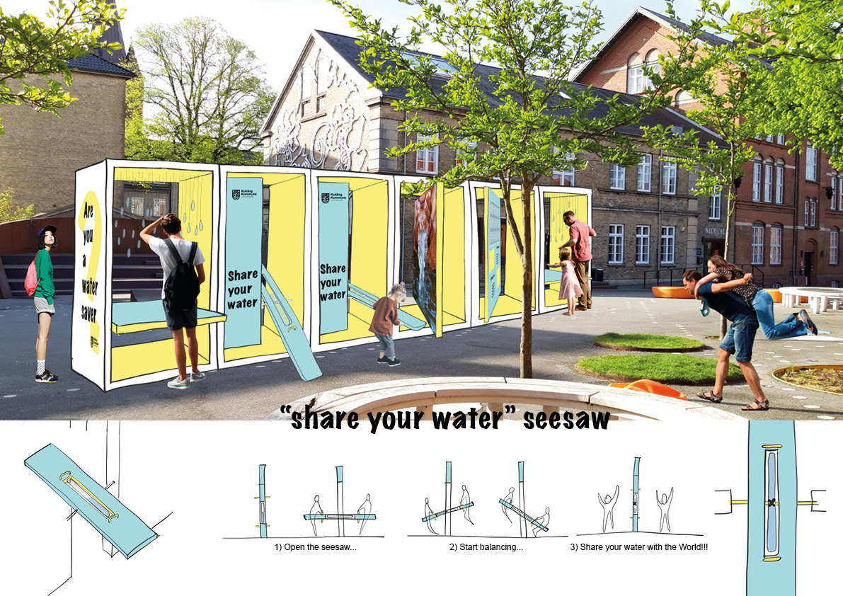 seesaw as a playful metaphor about water consumption in the world, installed at Nicolai Centre, Kolding
