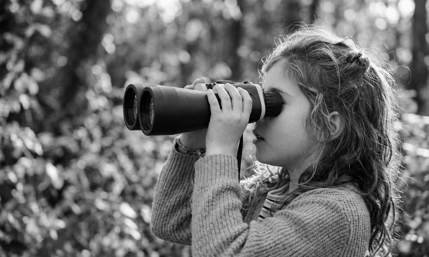 Niña mirando a través de unos prismáticos — observar con atención para reformular el problema en el proceso de diseño